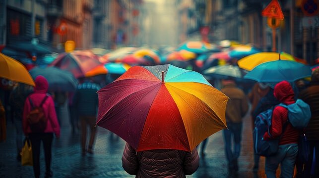 colorful umbrella open in the crowded street on the street