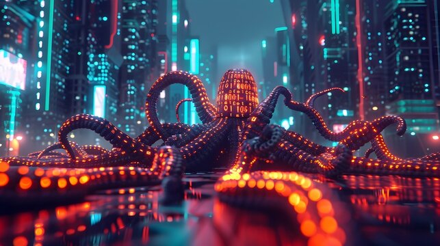 Sinister Cybernetic Tentacles Infiltrating Dystopian Cityscape in Ominous AI-Driven Digital Landscape