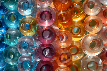   Glass of colorful bead swirls,
olorful clay diwali diyas arranged in a circular 

