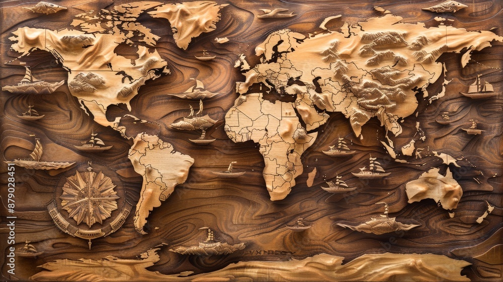 Canvas Prints A wood-carved world map, with intricate details showing the contours of continents and islands