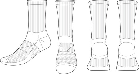 Sock tech pack template flat sketch fashion illustration mock up cad drawing for unisex men's and women's football sock design. Mid calf length socks drawing.	