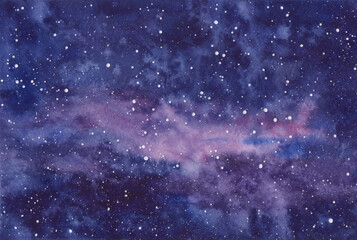 Space, the night starry fantastic sky. Watercolor painted galaxy, nebula. Abstract multicolored background. An element for a banner, business card, wallpaper, design with text.