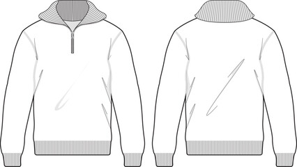 Half Zip Mock Neck Sweatshirt Technical Fashion Illustration Mock-up Front and Back Template for Design and Tech Packs
