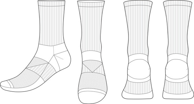 Sock tech pack template flat sketch fashion illustration mock up cad drawing for unisex men's and women's football sock design. Mid calf length socks drawing.	