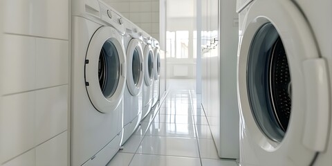 Wide angle view of shared apartment building laundry room with washing machine. Concept Apartment Laundry Room, Building Amenities, Shared Facilities, Household Appliances, Community Living