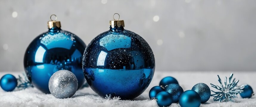 blue theme christmas decor on plain white background for banner copy space