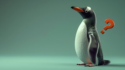 Surreal Penguin Pondering with Illuminating Question Mark on Plain Green Background