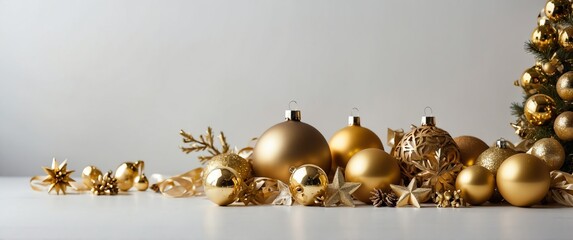 gold theme christmas decor on plain white background for banner copy space