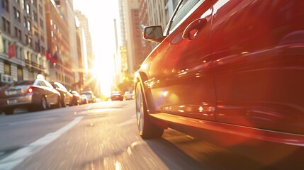 Fototapeta premium Bright Red Car Cruising Down Urban Street on Sunny Day