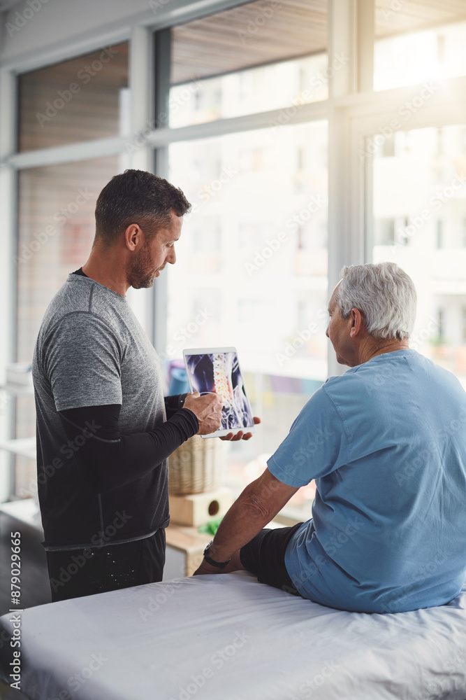 Poster Senior patient, man and tablet or healthcare with anatomy for joint injury, healing advice and treatment planning. Physio, elderly person and digital report for physical therapy and muscle health