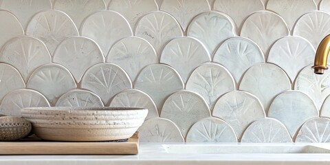 Fototapeta premium Tiled wall with scallop pattern, wooden shelf, and decor bowls.