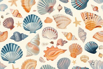 Seashell assortment in pastel hues forming whimsical sea pattern