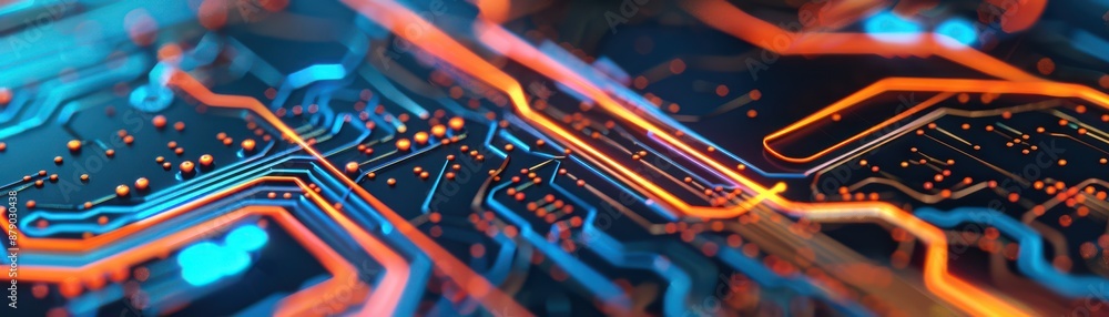Poster close-up of an intricate circuit board with glowing lines, representing advanced technology and elec