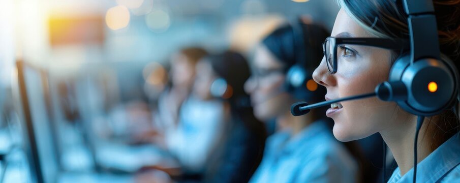 A blurred background of a busy call center with customer support representatives wearing headsets
