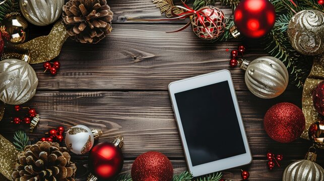 Tablet adorned with Christmas decorations viewed from above