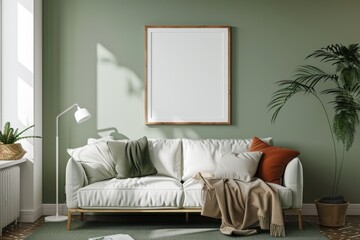 White Frame on Sage Green Wall, Soft Lighting, Cozy Corner