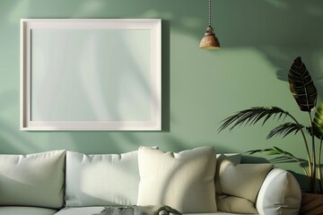 White Frame on Sage Green Wall, Soft Lighting, Cozy Corner