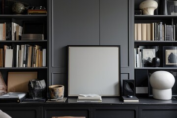 Black Frame on Dark Wood Shelf, Artful Display