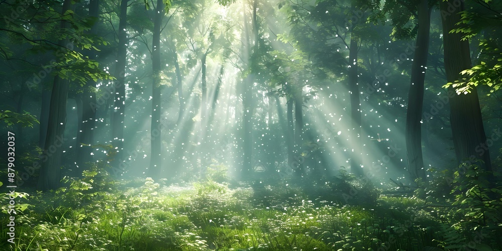 Poster creating a mystical ambiance sunlight filtering through misty trees in an enchanting forest. concept
