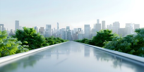 Futuristic Green Cityscape River, Trees, Skyscrapers, and Modern Architecture. Concept Futuristic Cityscape, Green Urban Design, Architectural Innovation, Eco-friendly Infrastructure