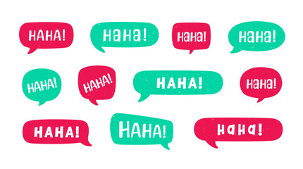 Haha laughing speech bubble sound effect different shapes collection. Cute speech balloon text lettering set vector illustration.