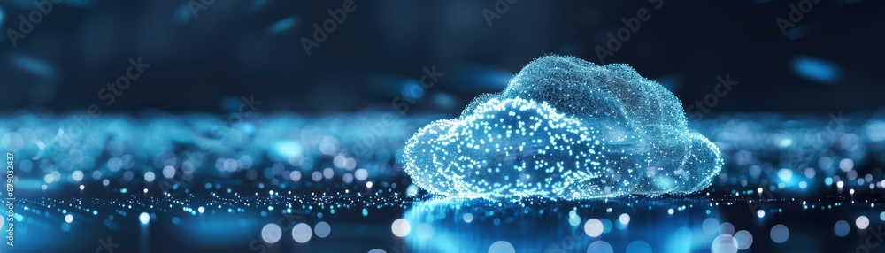 Poster digital representation of cloud computing technology with abstract glowing particles and futuristic 