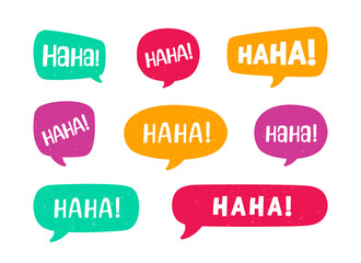 Haha laughing speech bubble sound effect different shapes collection. Cute speech balloon text lettering set vector illustration.