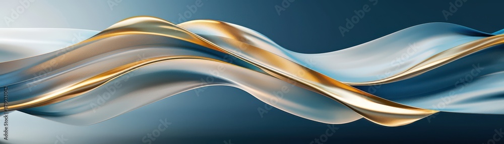 Poster elegant abstract art with flowing golden and blue ribbons creating a wave-like motion on a dark back