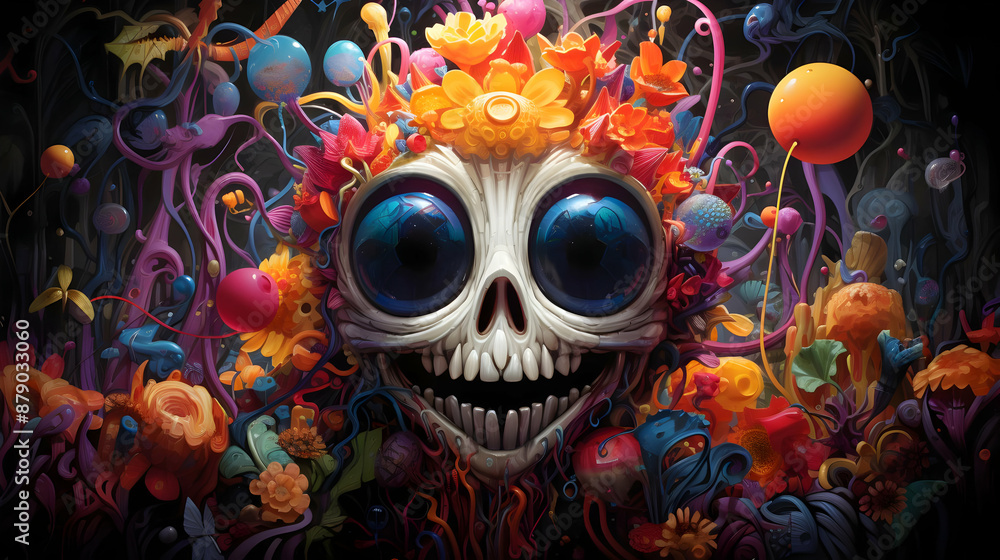 Poster Smiling Skull in a Colorful Abstract Garden Illustration