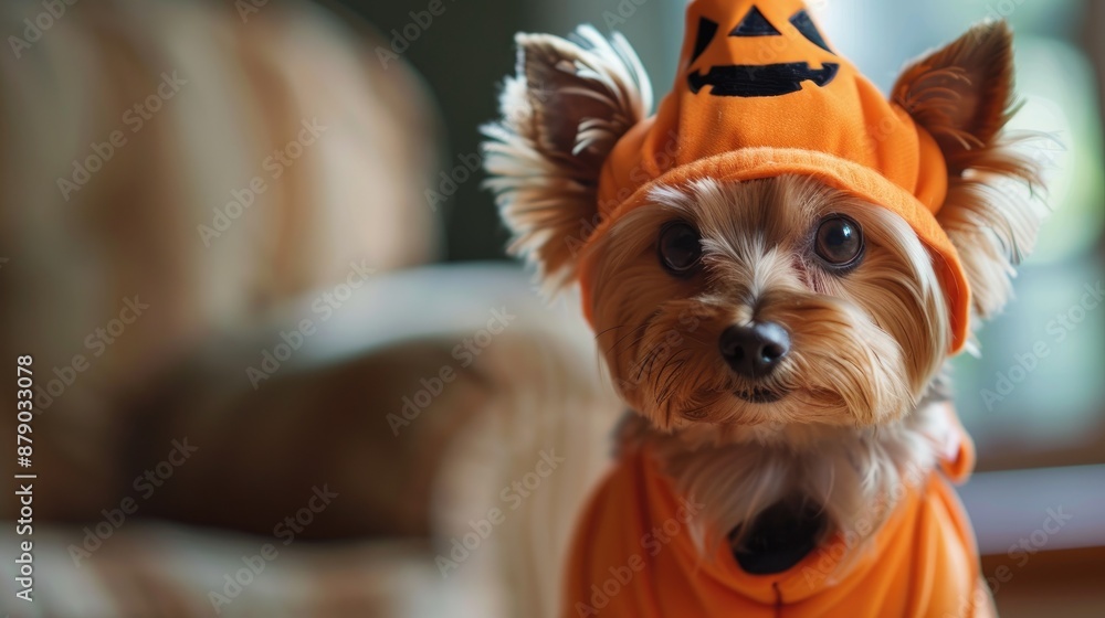 Wall mural Yorkshire terrier dog in a pumpkin costume looking at the camera holiday theme with copy space