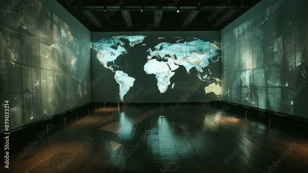 Poster a world map projection in a dark room, casting shadows and creating an immersive experience