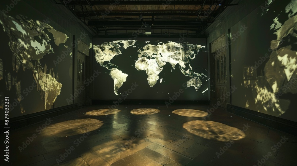 Poster a world map projection in a dark room, casting shadows and creating an immersive experience
