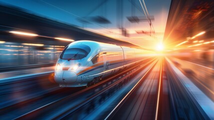 Fototapeta premium A fast-moving red car and a speeding train blur past each other on a city highway at night, showcasing the dynamic energy of urban transportation with streaks of light and motion