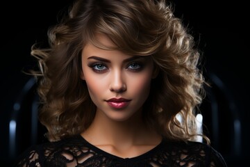 Fototapeta premium Attractive woman applying perfume close up, gazing at the camera on dark backdrop