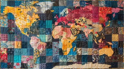 Naklejka premium A world map quilt, with each patch representing a different country and its unique cultural patterns