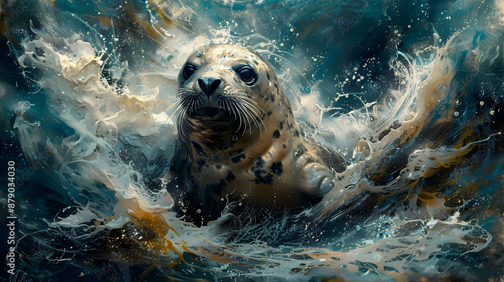 Sticker Sea Seal in Splashing Water Illustration