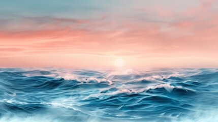 Fototapeta premium Fiery orange sun dips below the horizon, casting long shadows and painting the sky and sea in streaks of pink, purple, and blue