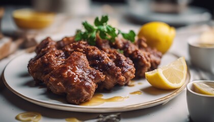 photo fried meat with lemon and sauce