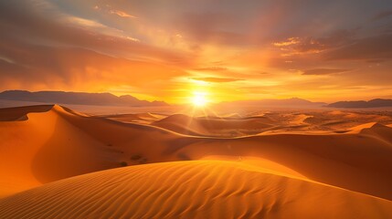 Majestic Golden Hour Scenery in the Sahara Desert with Rolling Sand Dunes