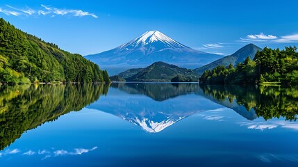Naklejka premium Tranquil Reflection of Mount Fuji in the Clear Waters of Lake Kawaguchi