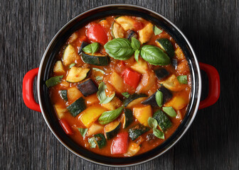 hearty italian vegetable stew in red pot, top view