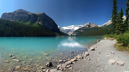 Naklejka premium Majestic Beauty of Lake Louise in Banff National Park Captured in a Breathtaking Panorama