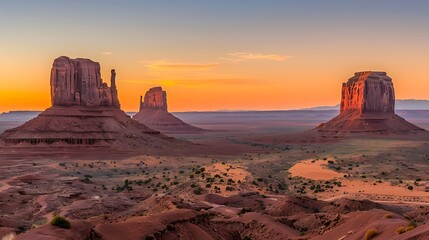 Majestic Sunset Glow on Sandstone Monuments in Monument Valley Desert Landscape