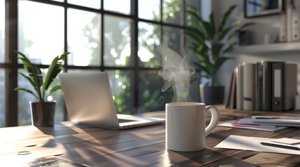 Peaceful Morning Coffee Break in Minimalist Office Setting