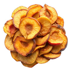 Pile of dried peaches slices top view isolated on transparent background
