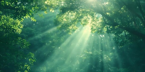 Fototapeta premium Penetrating the Green Mist Mystical Sun Rays in the Serene Emerald Rainforest Canopy. Concept Nature Photography, Mystical Forest, Sun Rays, Green Mist, Rainforest Canopy