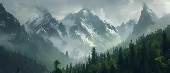 Mystical Mountain Peaks Shrouded in Gentle Refracted Rainfall Exuding Untamed Beauty