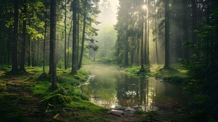 Fototapeta premium Serene and Tranquil Forest Landscape with Pond and Filtered Sunlight