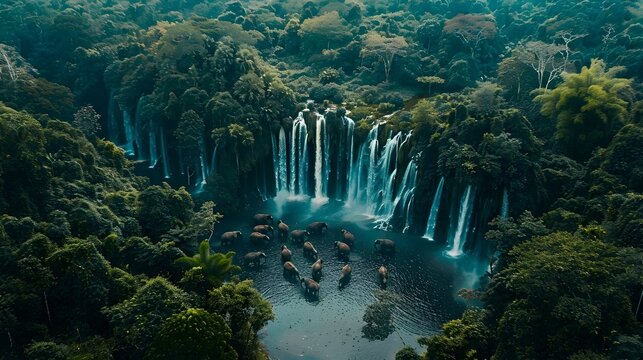 Sweeping Aerial Panorama of the Himaphan Forest s Majestic Waterfalls and Diverse Wildlife