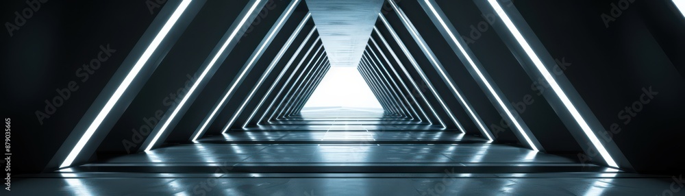 Poster Futuristic triangular tunnel with glowing lights in a symmetrical repeating pattern, creating a modern and sci-fi ambiance.